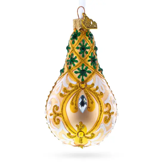 Swirls on Champagne Bejeweled Pear Shape Glass Ornament {1}