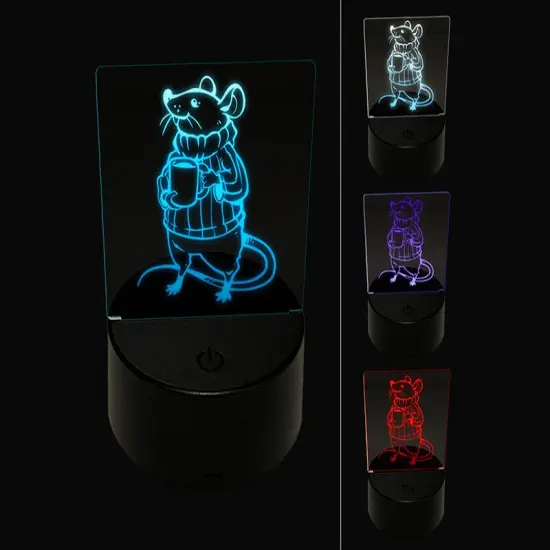 Proud Mouse in Sweater with Mug 3D Illusion LED Night Light Sign Nightstand Desk Lamp {1}