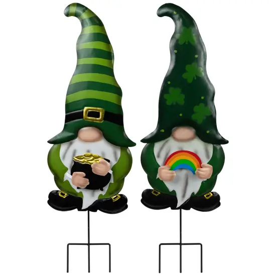 Northlight Pot of Gold and Rainbow St Patrick's Day Gnomes Outdoor Garden Stakes - 27.5" - Set of 2 Green {3}