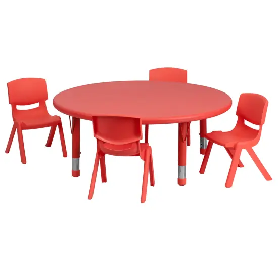 Emma and Oliver 45" Round Plastic Height Adjustable Activity Table Set with 4 Chairs Red {1}