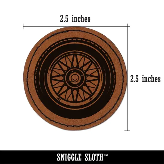 Detailed Realistic Tire Wheel Car Vehicle Round Iron-On Engraved Faux Leather Patch Applique - 2.5" Brown {3}