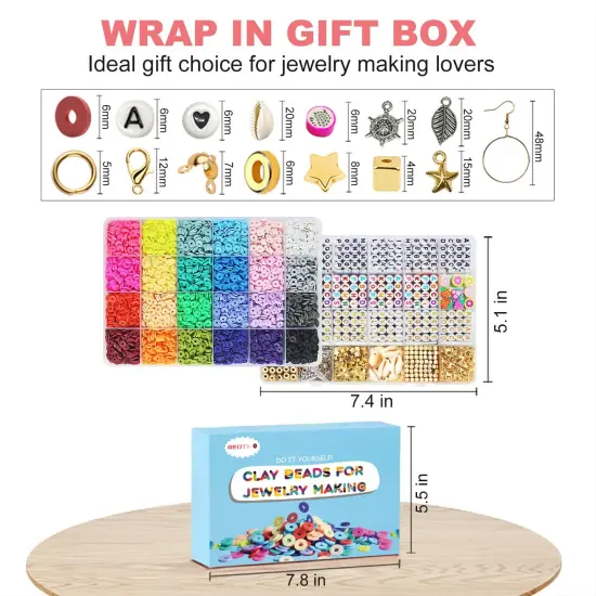 7200 Pieces Clay Beads Bracelet Making Kit, Preppy Friendship Flat Polymer Heishi Beads Jewelry Kits with Charms and Elastic Strings,Crafts Gifts Set for Girls Ages 8-12(2 Boxes) {3}