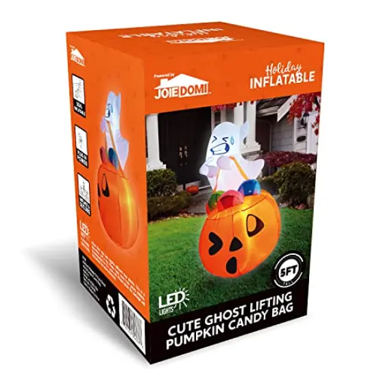 Joiedomi 5 FT Tall Halloween Inflatable Cute Ghost Inflatable Lift Pumpkin Candy Bag with Build-in LEDs Blow Up Inflatables for Halloween Party Indoor, Outdoor, Yard, Garden, Lawn Decorations {2}