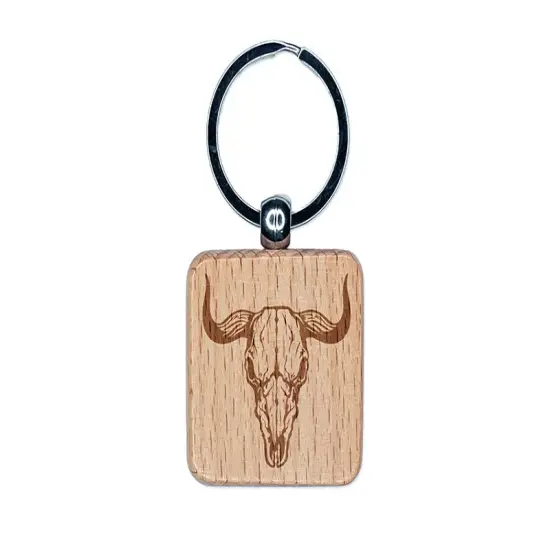Bull Skull Engraved Wood Square Keychain Tag Charm {1}