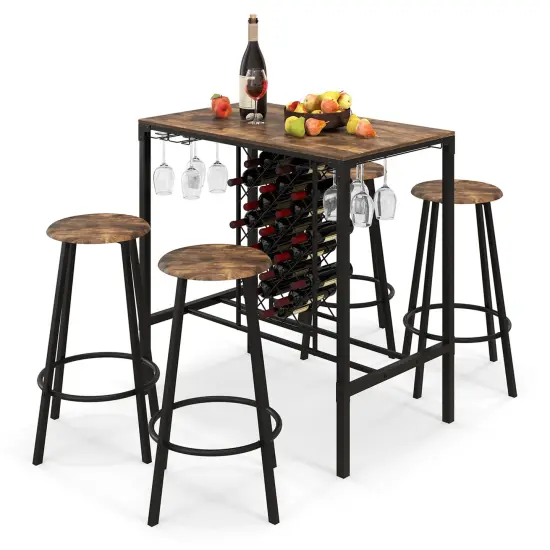 Costway 5PCS Bar Table & Stools Set Industrial Bistro Set with Wine Rack & Glass Holder {1}