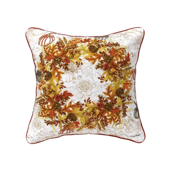 Autumn Wreath Thanksgiving Printed and Embroidered Throw Pillow, 18" x 18" {1}