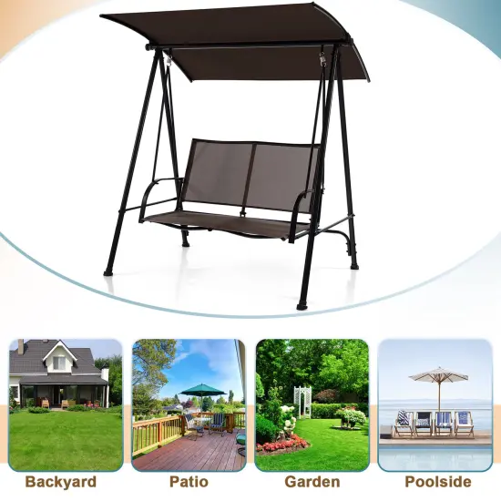 2-Seat Outdoor Canopy Swing with Comfortable Fabric Seat and Heavy-duty Metal Frame Brown {5}