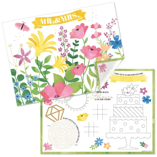 Big Dot of Happiness Wildflowers Bride - Paper Boho Floral Bridal Shower and Wedding Party Coloring Sheets - Activity Placemats - Set of 16 {1}