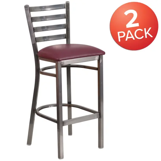 Emma and Oliver 2 Pack Clear Coated Ladder Back Metal Restaurant Barstool BurgundVyl/ClearCoat {5}