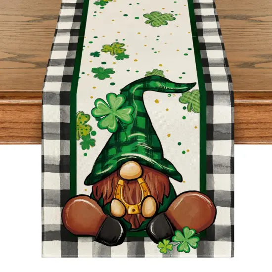 Buffalo Plaid Shamrock Gnome St. Patrick's Day Table Runner, Seasonal Spring Holiday Kitchen Dining Table Decoration for Indoor Outdoor Home Party Decor 13 x 72 Inch {3}