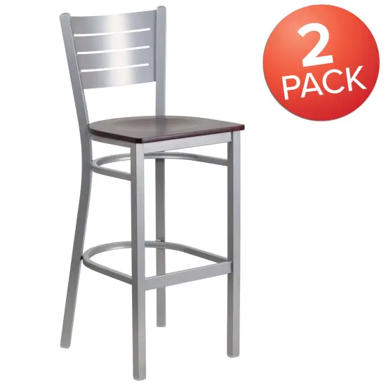 Emma and Oliver 2 Pack Silver Slat Back Metal Restaurant Barstool MahoganyWood/Silver {5}