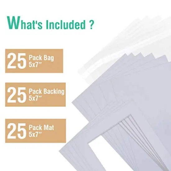 25 Pack 5x7 Pre-Cut Mat Board Show Kit for 4x6 Photos, Prints or Artworks, 25 Core Bevel Cut Matts and 25 Backing Boards and 25 Crystal Plastic Bags, White {5}