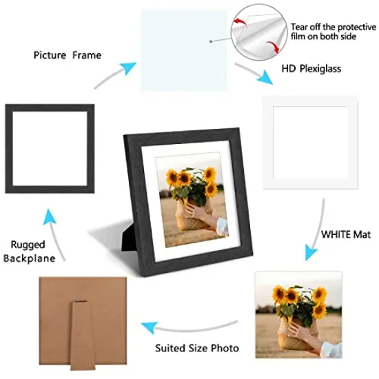 8x8 Picture Frame Rustic Black Wood Set of 6,Display Pictures 5x5 with Mat or 8x8 Without Mat,Multi Photo Frames Collage for Wall or Tabletop Display {3}