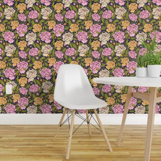 Pre-Pasted Wallpaper 2FT Wide Peony Flowers Floral Spring Garden Botanical Peonies Pink Yellow Green Cottagecore Custom Pre-pasted Wallpaper by Spoonflower {1}