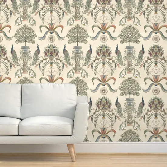 Pre-Pasted Wallpaper 2FT Wide Beige Peacock Classical Italian Olives Fresco Floral Garden Botanical Vineyard Grapes Fruit Large Scale Custom Pre-pasted Wallpaper by Spoonflower {5}