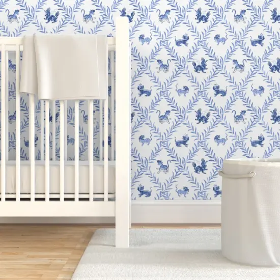 Pre-Pasted Wallpaper 2FT Wide Chinoiserie Blue And White Lattice Trellis Botanical Vines Diamond Custom Pre-pasted Wallpaper by Spoonflower {7}