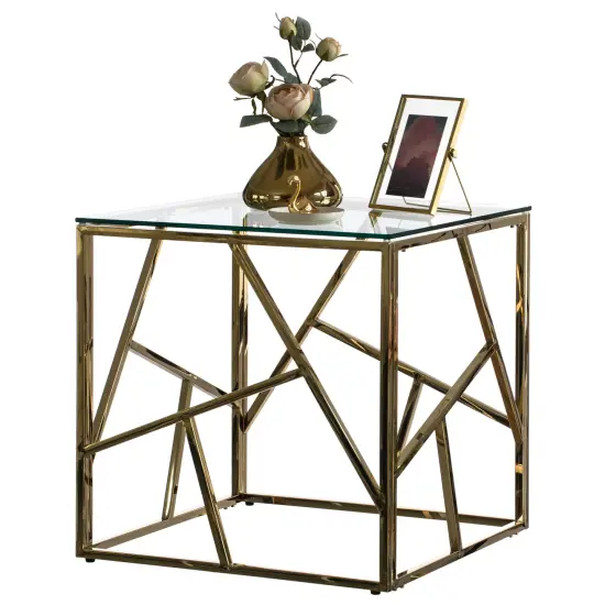 Modern Square End Side Table, Tempered Glass Top Metal Coffee Table Gold {2}