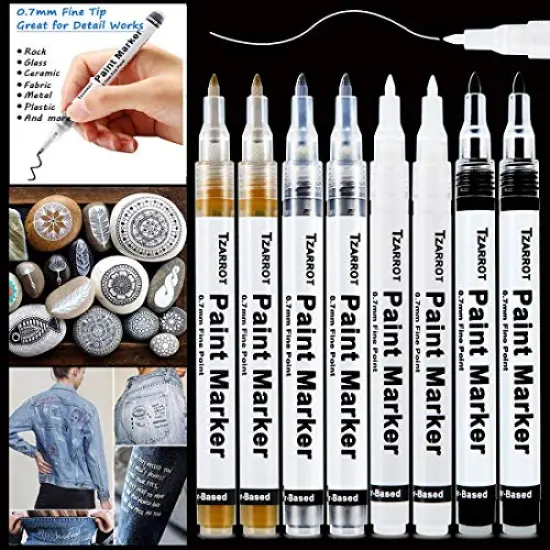 White Paint Pen 8-Pack 0.7mm Acrylic Paint Pens Includes 2 White, 2 Black, 2 Gold, 2 Silver Permanent Markers for Wood, Rock, Fabric, Metal, Plastic, and Ceramic Extra Fine Tip {1}