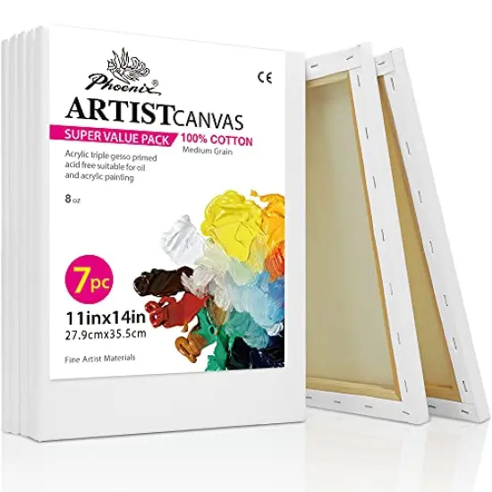 7 Pack Stretched Canvas for Painting 11x14 Inch/7 Value Pack, 8 Oz Triple Primed 5/8 Inch Profile 100% Cotton White Blank Canvas, Artist Framed Canvas for Oil Acrylic & Pouring Art {2}