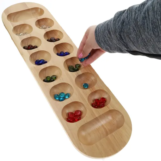 WE Games Mancala Board Game - 22 in., Solid Natural Wood Board and Glass Stones {4}