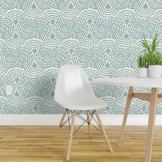 Peel & Stick Wallpaper 2FT Wide Nautical Rope Sea Shells Blue Grey And Ivory Coastal Beach Custom Removable Wallpaper by Spoonflower {1}