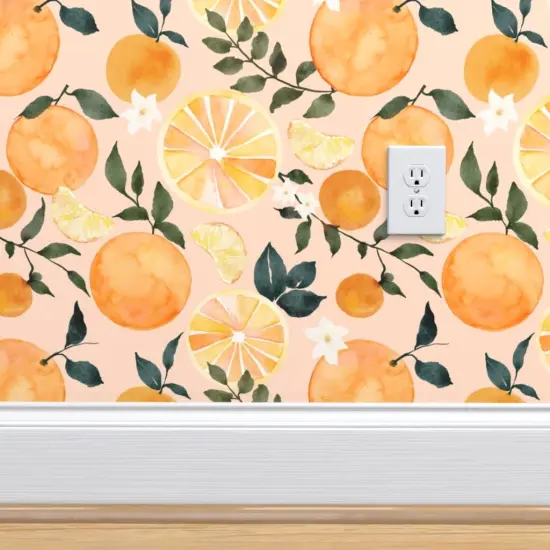 Peel & Stick Wallpaper 2FT Wide Watercolor Fruit Summer Orange Citrus Modern Botanical Small Scale Custom Removable Wallpaper by Spoonflower {4}