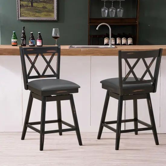 2 Pieces 25 Inch Swivel Counter Height Barstool Set with Rubber Wood Legs Black {3}
