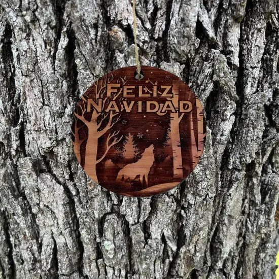 Feliz Navidad Winter Wolf - cedar ornament {2}