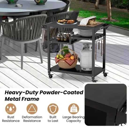 Costway Rolling Grill Cart 3-Shelf BBQ Table Pizza Oven Stand with Trash Bag Holder & Hooks {6}