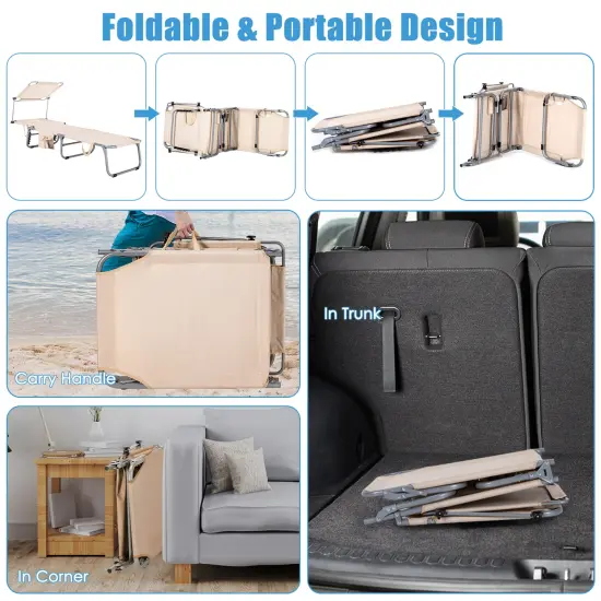 Set of 2 Portable Reclining Chair with 5 Adjustable Positions Beige {5}