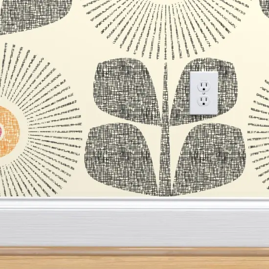 Pre-Pasted Wallpaper 2FT Wide Mid Century Modern Retro Floral Large Scale Neutral Cream Custom Pre-pasted Wallpaper by Spoonflower {4}