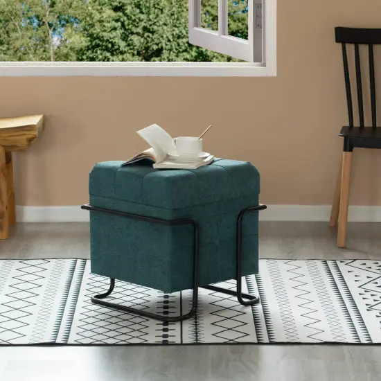 Square Fabric Storage Ottoman with Black Metal Frame Blue {3}