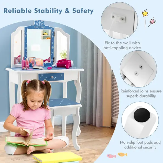 Princess Vanity Table and Chair Set with Tri-Folding Mirror and Snowflake Print-Blue {6}