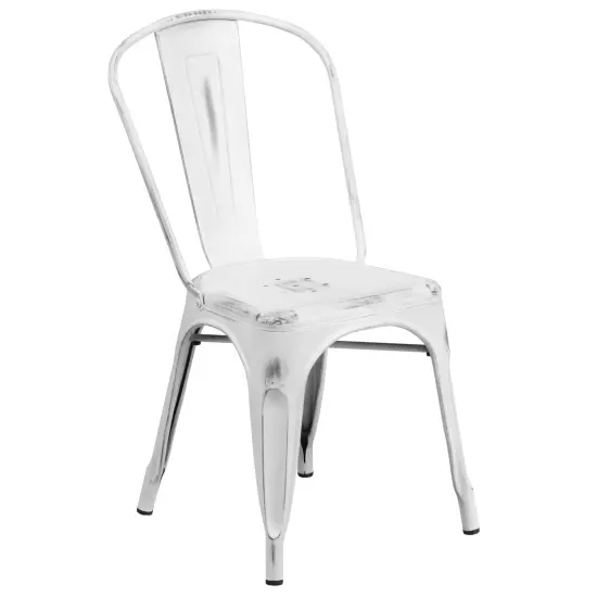 Merrick Lane Banks Indoor/Outdoor Stacking Metal Dining Chair with Single Slat Back and Distressed Powder Coated Finish White {1}