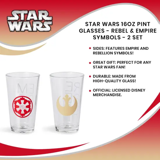 Star Wars 16oz Pint Glasses - Rebel & Empire Symbols - 2 Set {7}