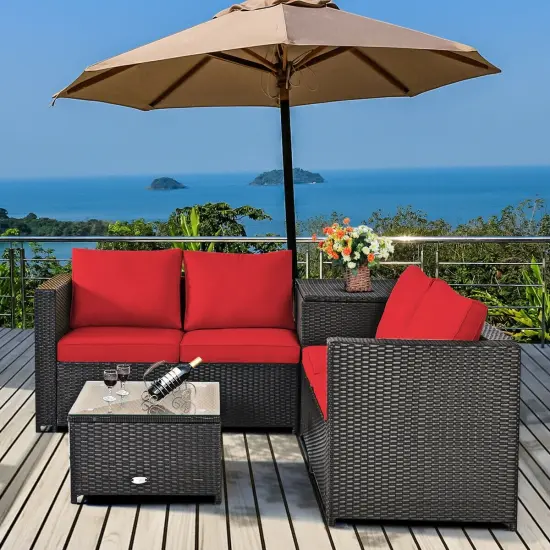 4 Pcs Outdoor Patio Rattan Furniture Set with Cushioned Loveseat and Storage Box Red {2}