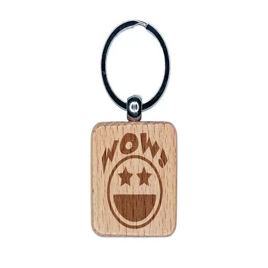 Wow with Happy Face Star Eyes Teacher Motivation Engraved Wood Square Keychain Tag Charm {1}