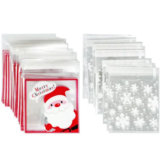 Wrapables Transparent Self-Adhesive 4" x 4" Candy and Cookie Bags, Favor Treat Bags for Christmas Parties and Holidays (200pcs) Snow Falling Santa {7}