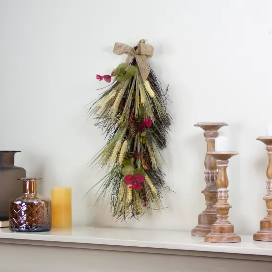 Northlight 24" Autumn Harvest Wheat and Eucalyptus with Feathers Teardrop Swag - Unlit Red {3}