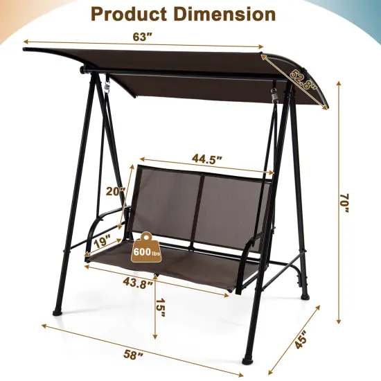 2-Seat Outdoor Canopy Swing with Comfortable Fabric Seat and Heavy-duty Metal Frame Brown {4}