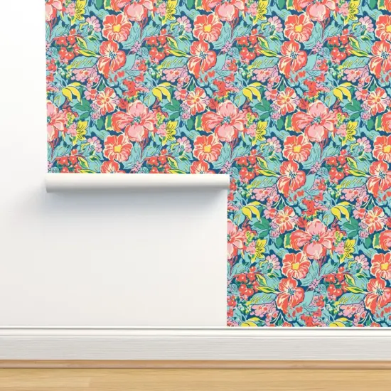 Peel & Stick Wallpaper 2FT Wide Tropical Florals Coral Flowers Island Hibiscus Pink Green Red Yellow Botanical Tropics Beach Colorful Custom Removable Wallpaper by Spoonflower {2}