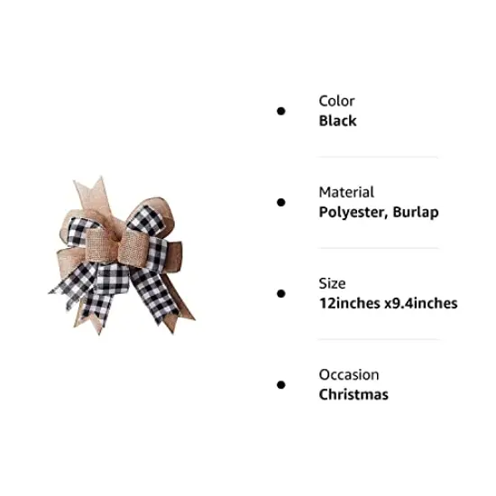 Black White Plaid Gift Bows Burlap Wreaths Bows Christmas Tree Topper for Wedding Holiday Birthday Party Decoration 12" x 9.4" {1}