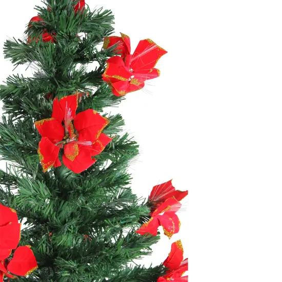 DAK 5' Pre-Lit Medium Fiber Optic Artificial Christmas Tree with Red Poinsettias - Multicolor Lights Green {3}