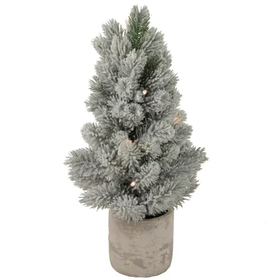 Northlight 16" LED Lighted Mini Frosted Pine Christmas Tree in Cement Base Green {1}