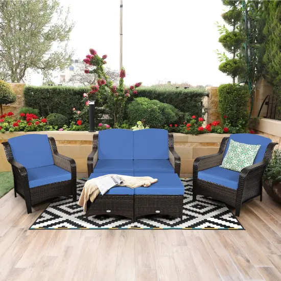 5 Pieces Patio Rattan Sofa Set with Cushion and Ottoman Navy {1}