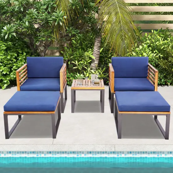 5 Piece Patio Acacia Wood Chair Set with Ottomans and Coffee Table-Navy {6}