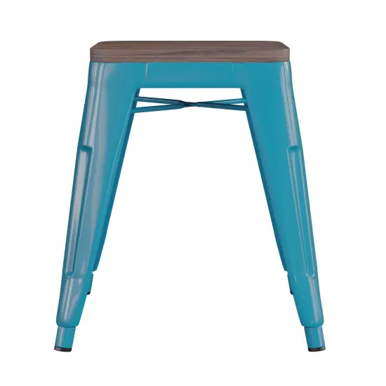 Emma and Oliver Set of Four Table Height Backless Stacking Welded Iron Stools with Wooden Seats and Under Seat Bracing for Indoor Use Teal {3}