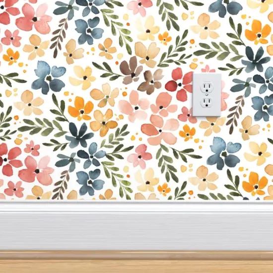 Pre-Pasted Wallpaper 2FT Wide Floral Multicolor Spring Summer Watercolor Botanical Painted Blooming Flowers Large Scale Custom Pre-pasted Wallpaper by Spoonflower {4}