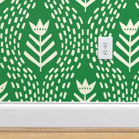 Pre-Pasted Wallpaper 2FT Wide Simple Floral Rustic Botanical Hand Drawn Green And Cream Tulip Custom Pre-pasted Wallpaper by Spoonflower {4}