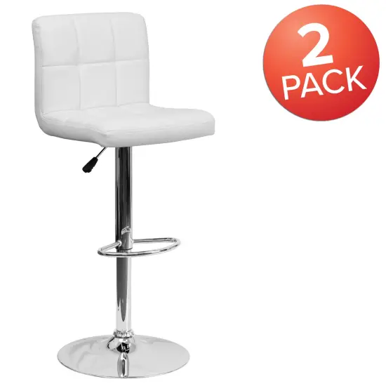 Emma and Oliver 2 Pack Contemporary Quilted Vinyl Adjustable Height Barstool with Chrome Base White {5}